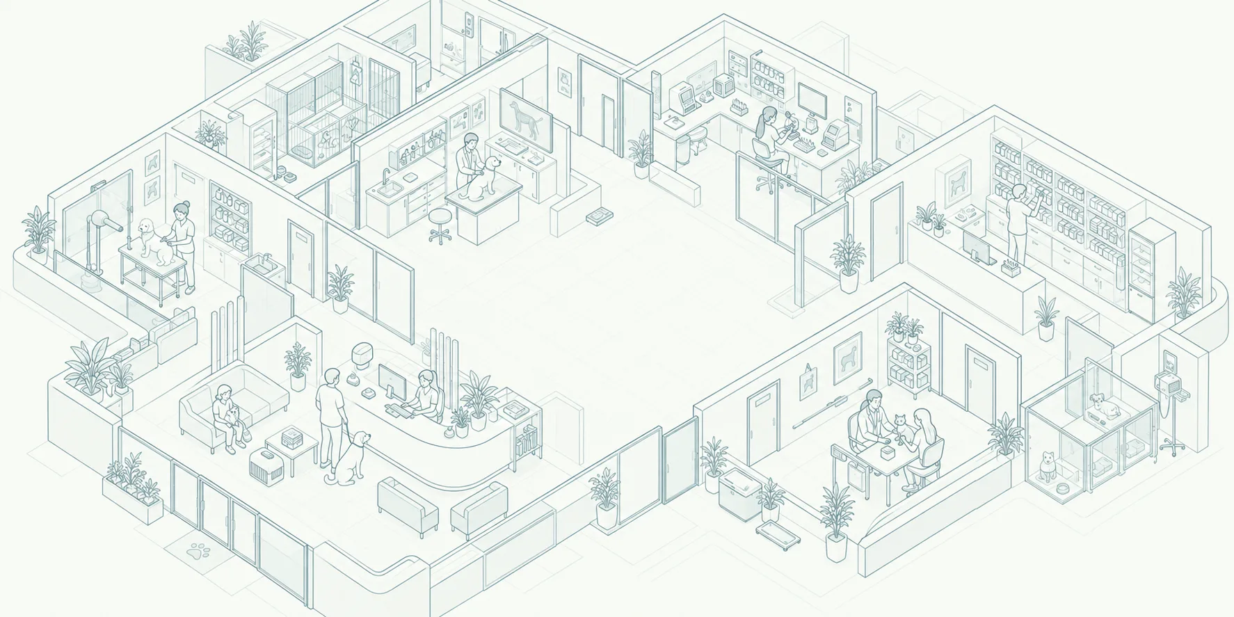 Illustrated veterinary clinic: reception, grooming, exam room, laboratory, pharmacy and treatment ward